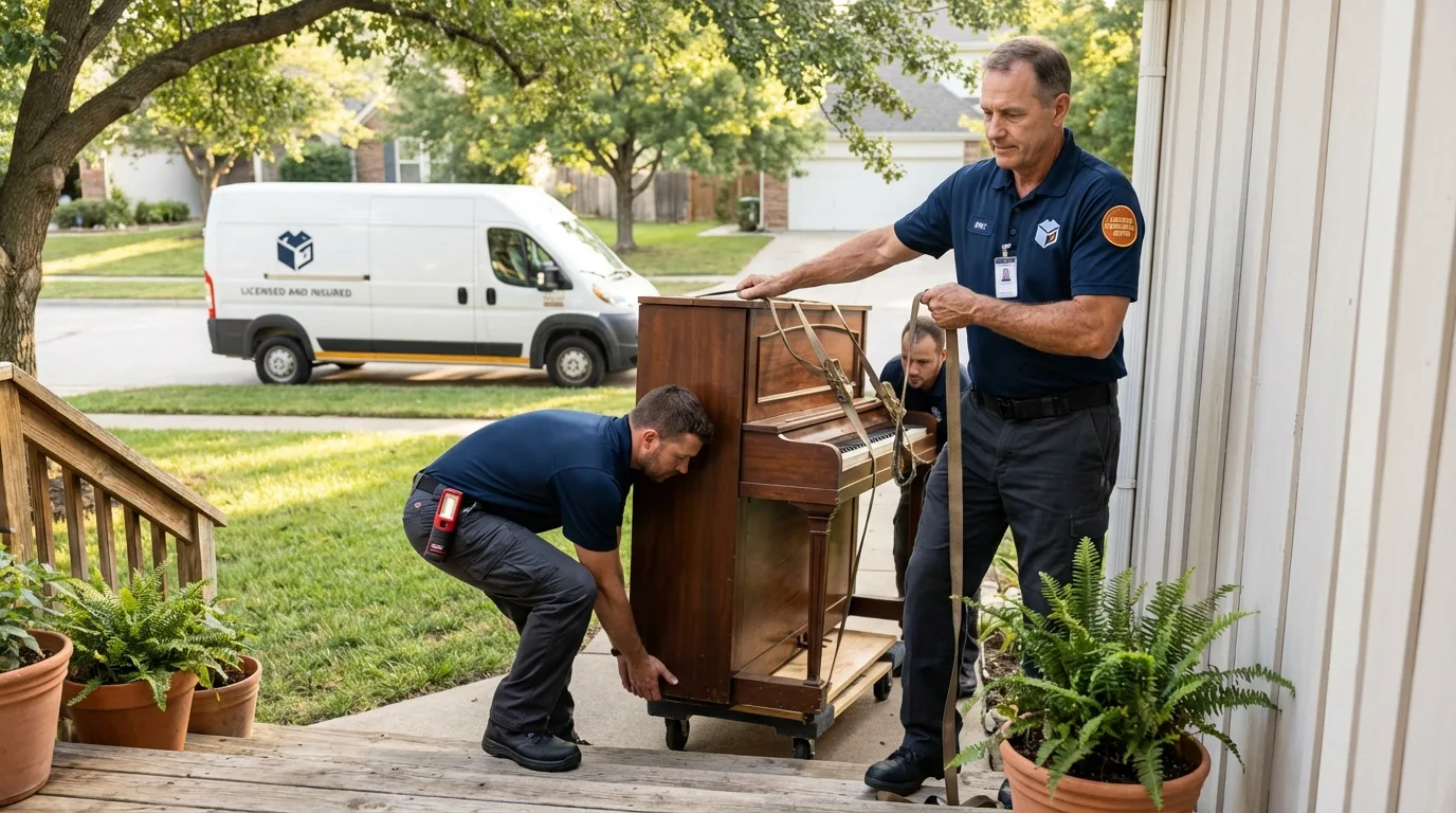 Licensed piano movers securing grand piano in Nash, TX
