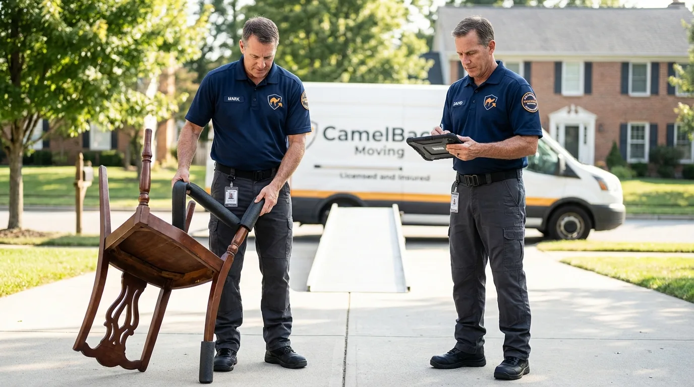 Movers inspecting furniture for damage prevention before loading in Nash, TX