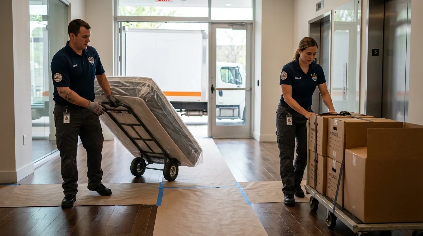 Professional apartment movers loading elevator in Nash, TX