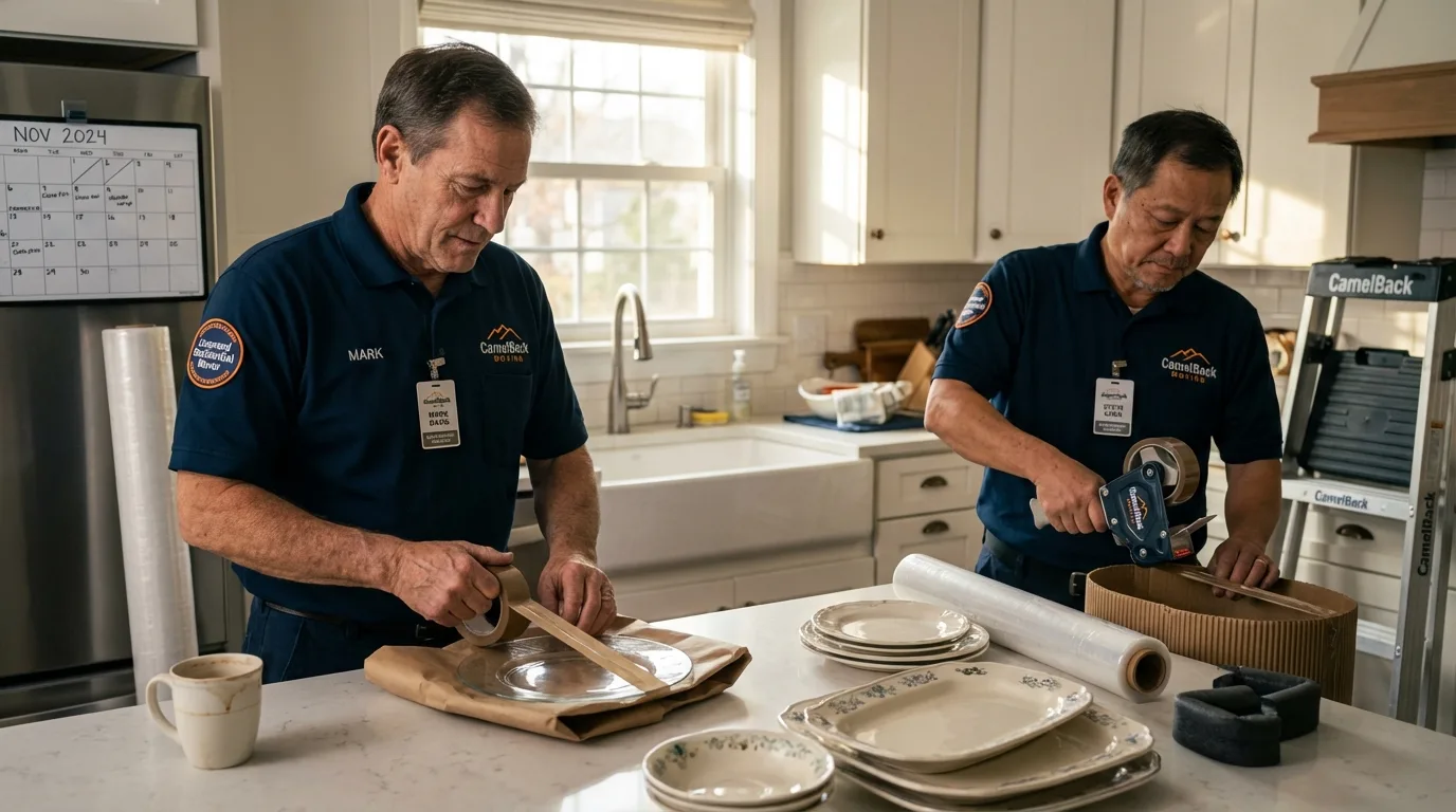 Professional crew packing kitchen dishware in Nash, TX